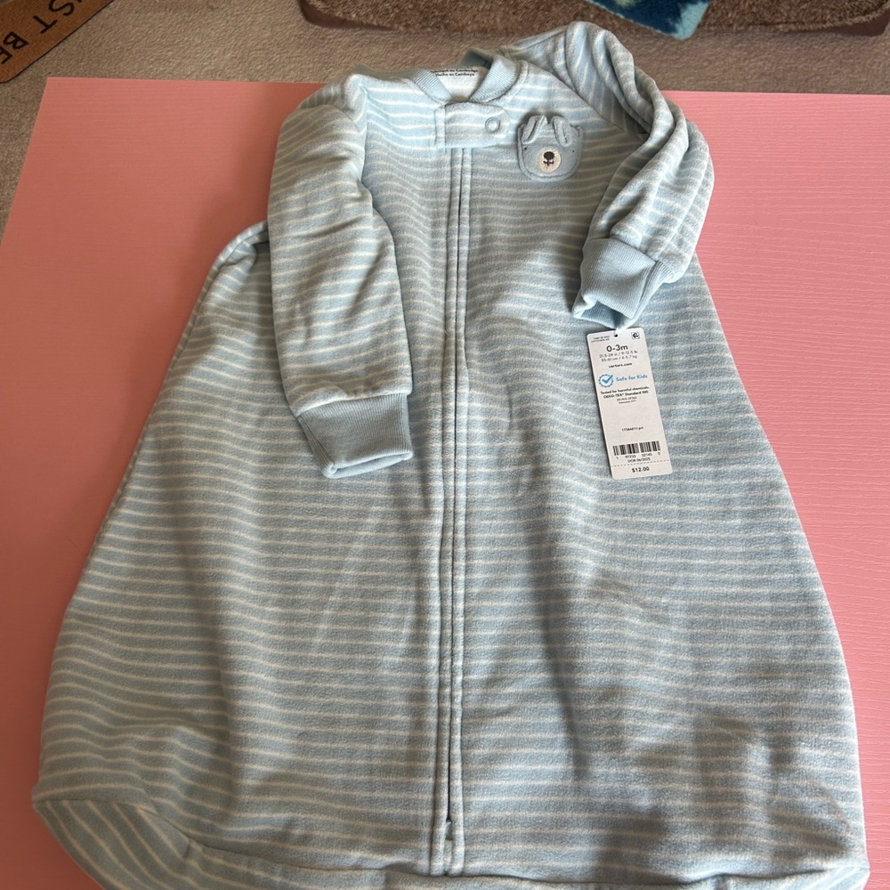 Carter's Light Blue and White Striped Sleep Sack with Bear Patch